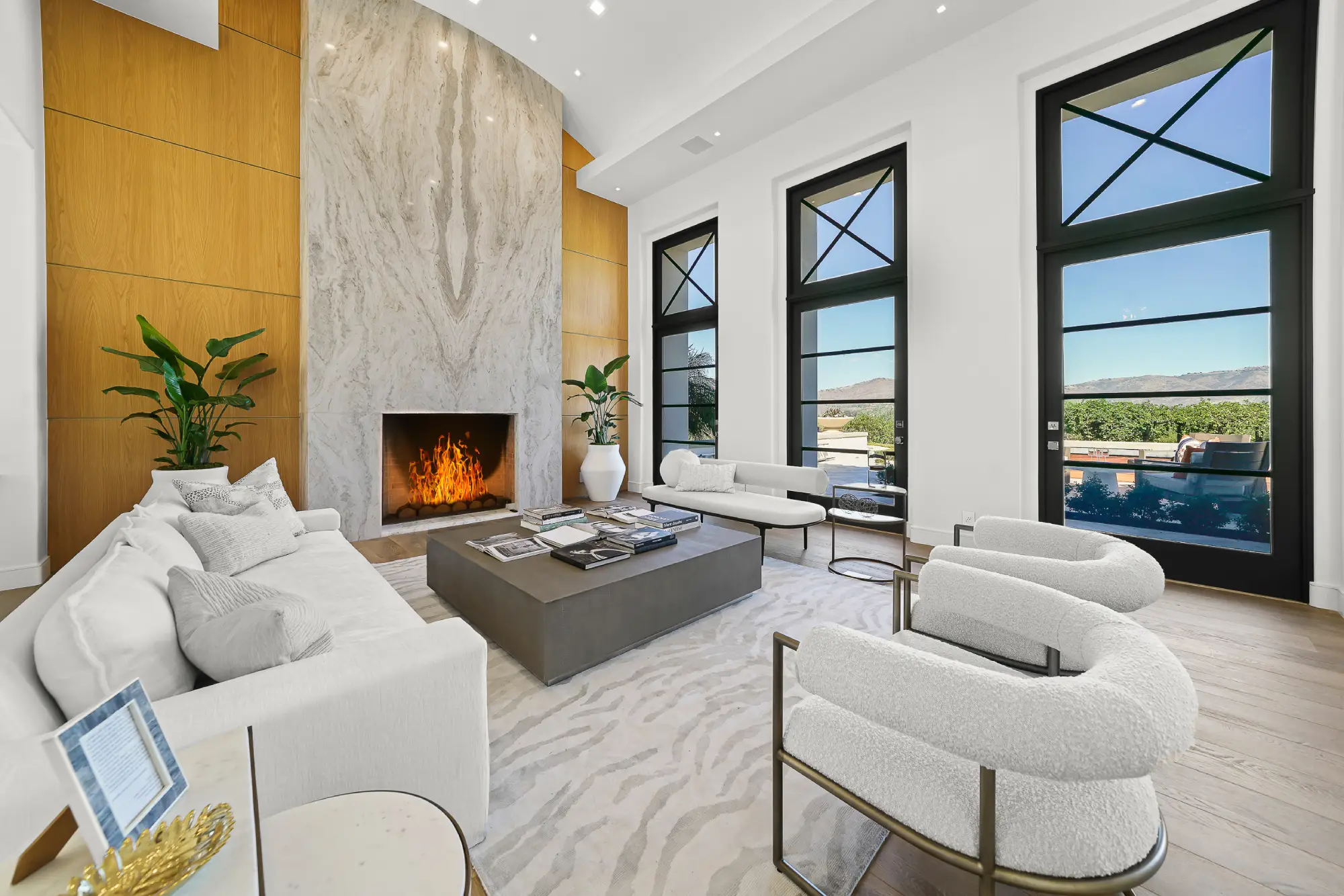 Luxury real estate interior with modern living room featuring 3D virtual tour technology for property marketing