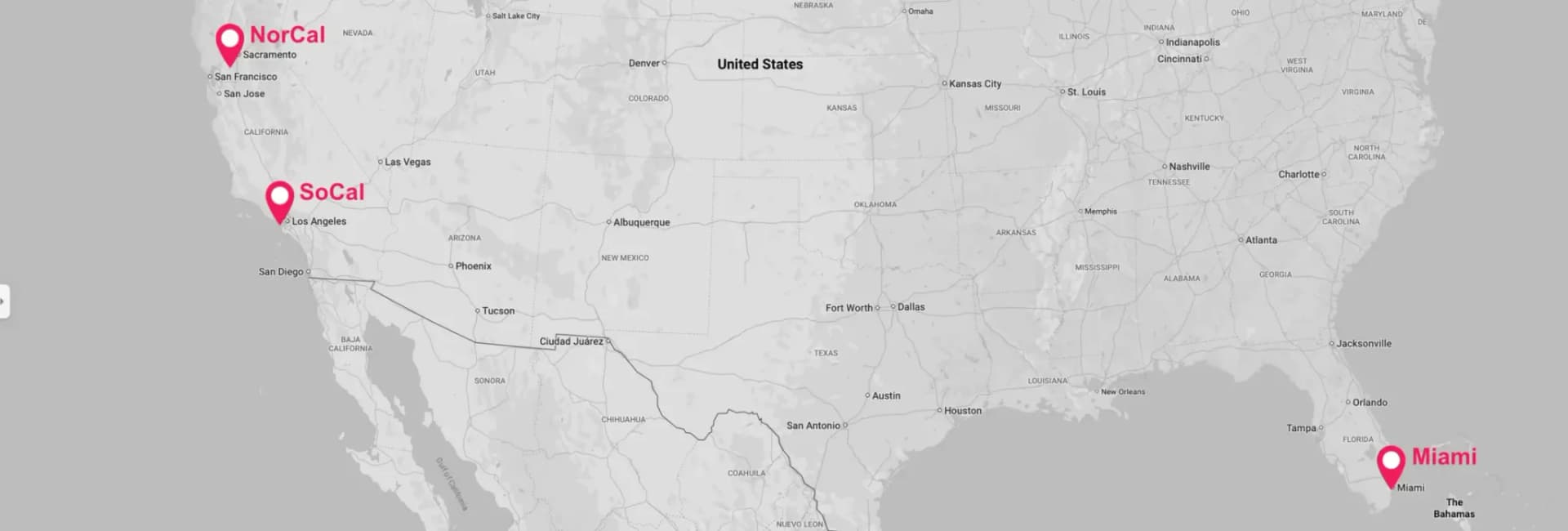 MEDIA360VR service area map showing coverage in Northern California (NorCal - Sacramento, San Francisco, San Jose), Southern California (SoCal - Los Angeles), and Miami, Florida for 3D virtual tour services